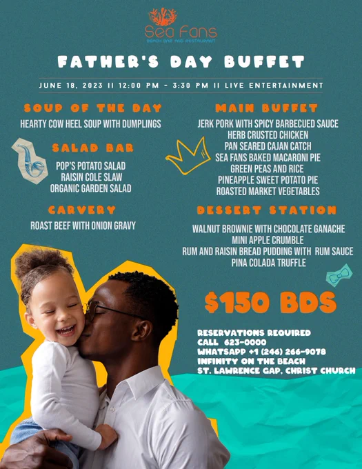 Father's Day 2023 Buffet Menu for Sea Fans Beach Bar & Restaurant located in St. Lawrence Gap, Christ Church, Barbados
