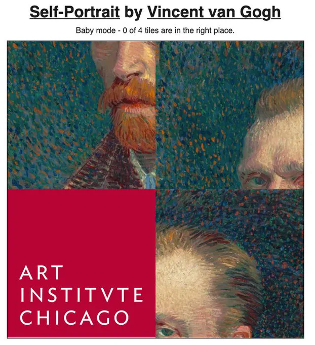 A disordered 2 by 2 grid of square crops from a self-portrait by Vincent van Gogh. One of the crops is replaced by the Art Institute of Chicago's logo.