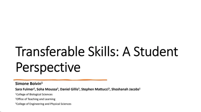 Title slide. Transferable skills: A student perspective by Simone Boivin Sara Fulmer, Soha Moussa Daniel Gillis, Stephen Mattucci, Shoshanah Jacobs