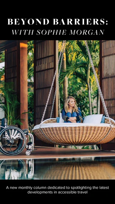 I am sitting, hugging my knees, on a swinging bed in a tropical setting. My wheelchair is on my left. The reflection of the hammock ripples in the pool water below, behind are palm trees. I’m looking contentedly outwards. Delighted to be where I am. This image is captioned with “a new monthly column dedicated to spotlighting the latest developments in accessible travel”. The column is for Conde Nast Traveller who have created this asset to promote the column as part of #GAAD
