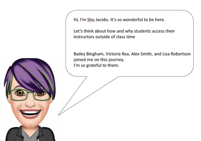 Title slide: Hi, I’m Sho Jacobs. It’s so wonderful to be here. 
 
Let’s think about how and why students access their instructors outside of class time


Bailey Bingham, Victoria Rea, Alex Smith, and Lisa Robertson joined me on this journey. 
I’m so grateful to them. 
