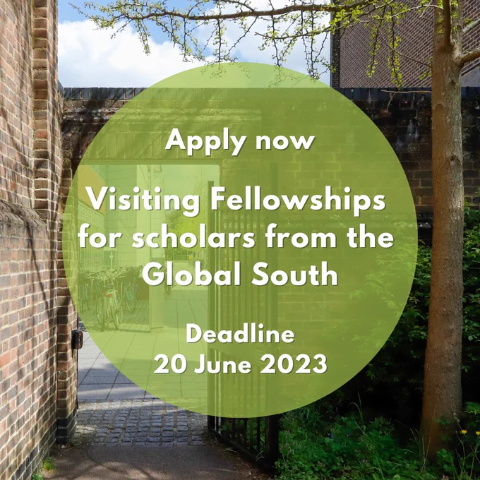 A small gate leads from Selwyn College onto the Sidgwick Site. Text over the photo reads: Apply now, Visiting Fellowships for Scholars from the Global South, Deadline 20 June 2023.