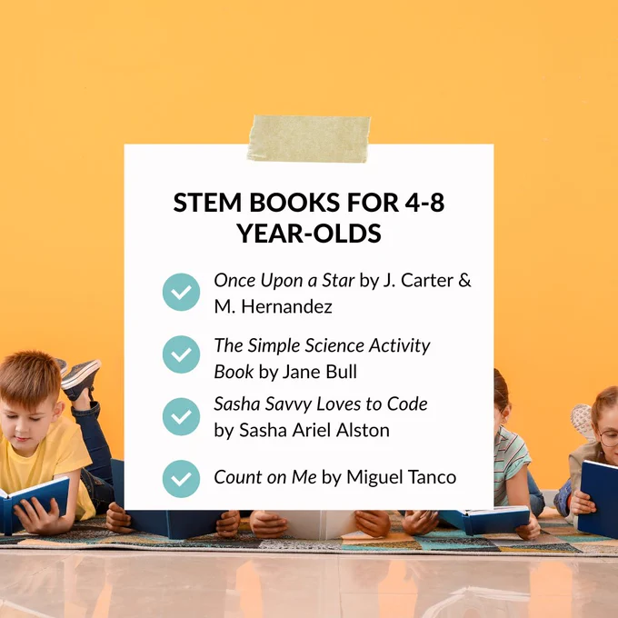 1. Once Upon a Star by James Carter & Mar Hernandez https://amzn.to/3ohn0jh
2. The Simple Science Activity Book by Jane Bull https://amzn.to/3IjNbNa
3. Sasha Savvy Loves to Code by Sasha Ariel Alston  https://amzn.to/3WgMPwh
4. Count on Me by Miguel Tanco https://amzn.to/3Ma59CM