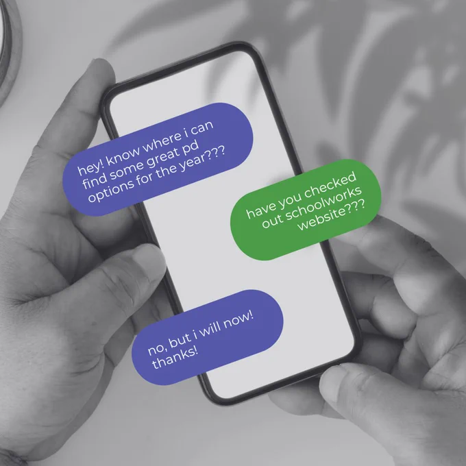 text message exchange about going to roeschoolworks.com to find pd offerings