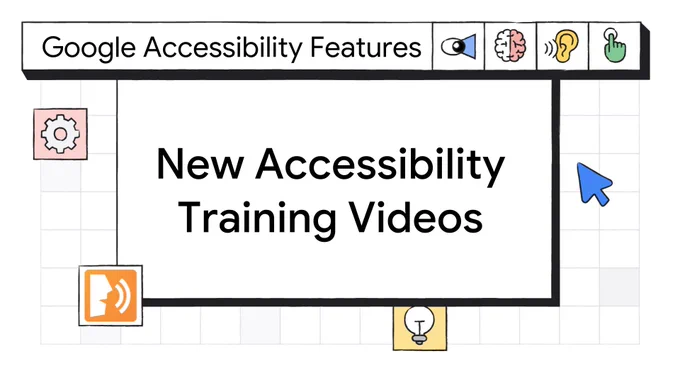Illustration with accessibility graphics. Text reads: New Accessibility Training Videos