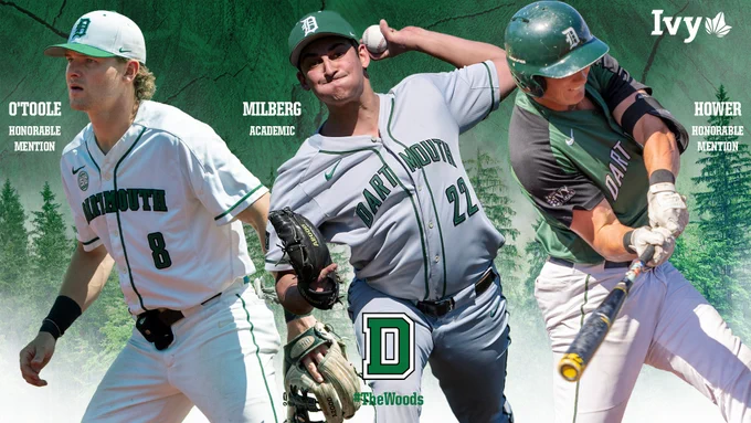Dartmouth baseball All-Ivy League honorees: Peter O’Toole (honorable mention), Devin Milberg (Academic All-Ivy) and Jackson Hower (honorable mention)