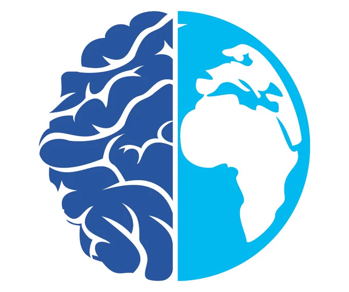 A rendering of a brain where the right hemisphere is half a world globe with the African continent. 