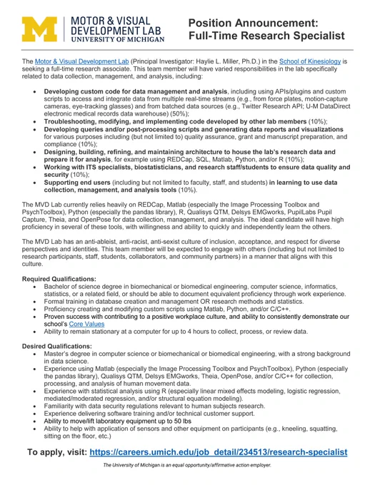 Image of a document describing a position announcement for a full-time research specialist in the Motor & Visual Development Lab at the University of Michigan. All information contained in this document can be accessed via the job posting (#234513) on the University of Michigan's career website at https://careers.umich.edu/job_detail/234513/research-specialist