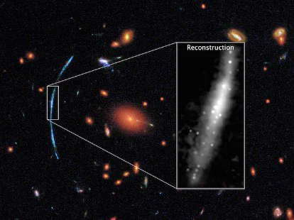 Hubble imaging of a gravitationally lensed galaxy in the JWST sample -- SGAS1110 (blue) -- lensed by a foreground massive galaxy cluster (orange). Also shown is a zoomed-in picture of a model reconstruction of the galaxy, if it was unlensed (or not distorted by lensing).