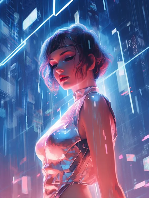 medium-shot bladerunner transparent code based hologirl, floating enormous glassmade code hologram over the city, in style synthwave::1.5 neon city poster illustrator, in style syd mead composition, 1980s, flirting provocative poster --ar 3:4