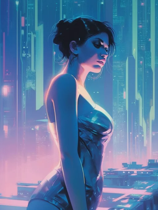 medium-shot bladerunner transparent code based hologirl, floating enormous glassmade code hologram over the city, in style synthwave::1.5 neon city poster illustrator, in style syd mead composition, 1980s, flirting provocative poster --ar 3:4