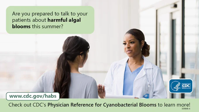 A female clinician in a white coat speaks to a female patient face to face in an office setting. Text over the graphic says “Are you prepared to talk to your patients about cyanobacterial blooms this summer? Check out CDC’s Physician Reference for Cyanobacterial Blooms to learn more! 
