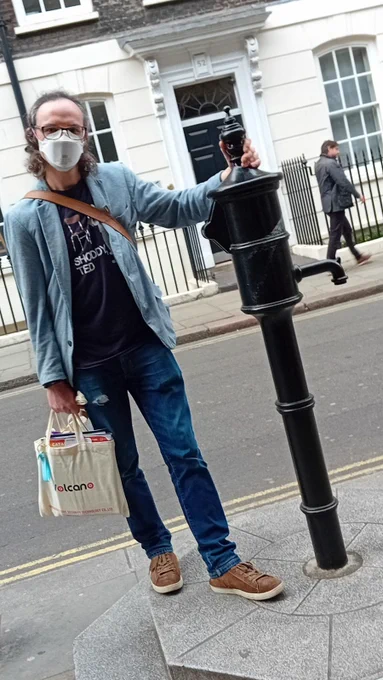 Posing in an FFP3 mask at the Broad Street Pump.