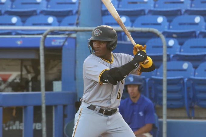 Bradenton Marauders middle infielder Termarr Johnson stands in the batter's box with his bat above his head awaiting a pitch.