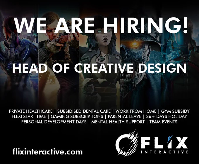 A job advert for a Head of Creative Design role with a large WE ARE HIRING banner and a list of various workplace benefits including private healthcare, work from home, gym subsidy, flexi start time and mental health support.