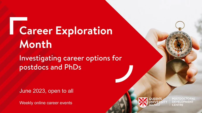 Someone’s hand holding a compass. Wording says ‘Career exploration month, investigating career options for postdocs and PhDs, June 2023, open to all, weekly online career events’
