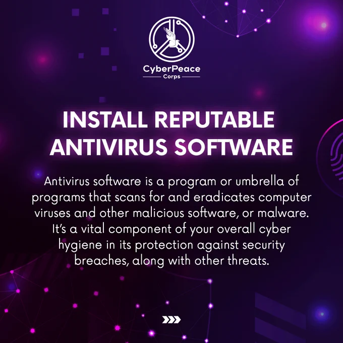 #CyberHygiene is about training yourself to think proactively about your #cybersecurity — as you do with your daily personal hygiene — to resist #cyberthreats and online security issues. 

Here are a few tips to get you and your family thinking about good cyber hygiene practices.

#CyberPeace☮️ #DigitalWellness #CyberCleanse #OnlineSafety #CyberWellbeing #DigitalProtection #DigitalSanitation #DigitalPrivacy #DataHygiene #CyberAwareness #VirtualSafety