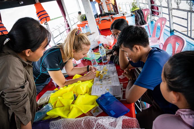 Group of researchers collaborating to sample plastics in the Mekong River. Credit: Dan Parsons via imaggeo.egu.eu
