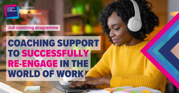 Text saying "Coaching support to successfully re-engage in the world of work." To the right of the text is a photo of a woman working on a laptop.