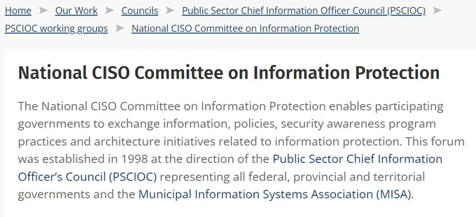 Screenshot containing text content from a website briefly describing the function and membership of the National CISO Committee on Information Protection.
