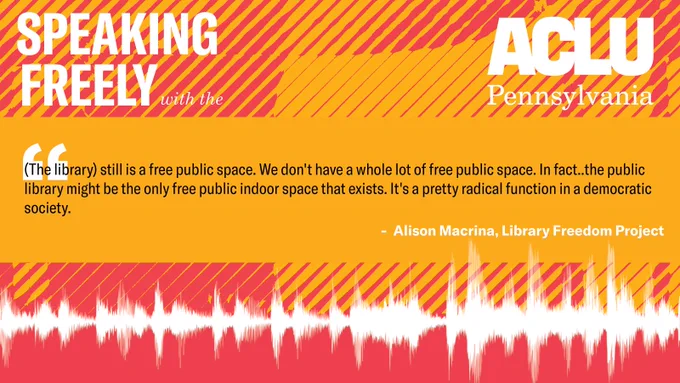 A graphic of a megaphone surrounded by white waveforms in a yellow and red filter with a quote from Alison Macrina. 
