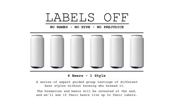 Six plain white beer cans with the text Labels Off - 6 beers, 1 style.