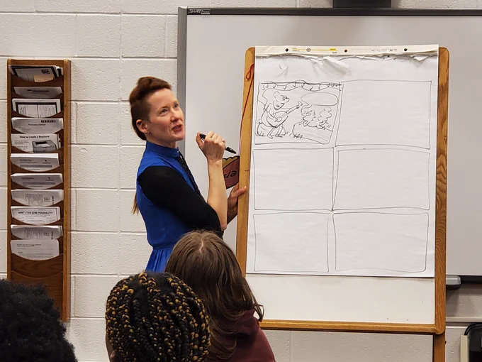 Laura Lee Gulledge "artnering" with the students to create a graphic story