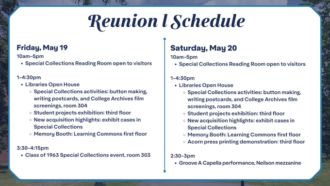 Graphic with white background and blue text titled "Reunion I Schedule" and a list of activities for May 19 and 20