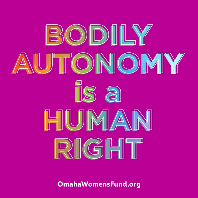 A purple graphic features copy in rainbow colors that reads "Bodily autonomy is a human right."