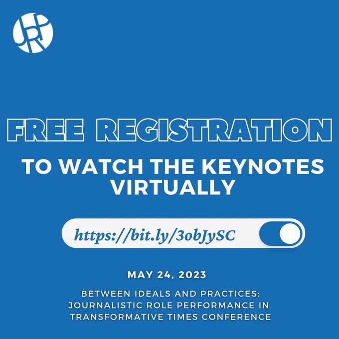 a promotional graphic on a blue background. Bold blue text with a white outline reads "REGISTER NOW". Below it is white text that reads, "to watch the keynotes virtually," then a browser search tab graphic with the link: https://bit.ly/3oeota1. At the bottom of the graphic is text: May 24, 2023. Between Ideals and Practices Pre-Conference