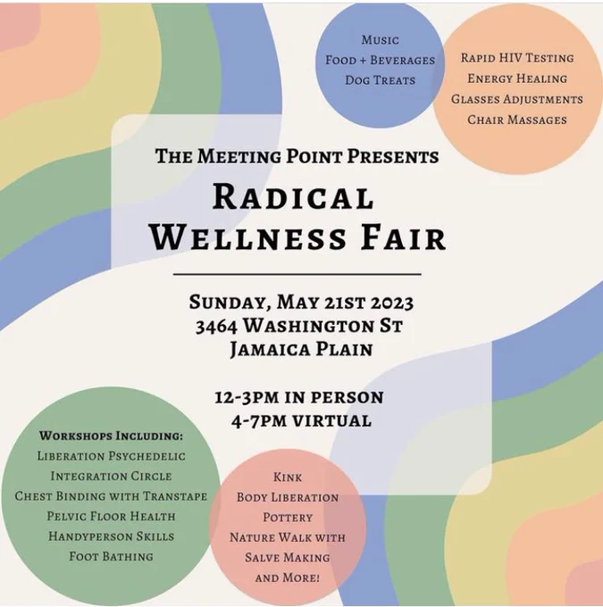A flier for the event with rainbow swirls in the background and colored circles with text inside and a square in the center with text. The center says: “The Meeting Point presents: Radical Wellness Fair. Sunday, May 21st 2023, 3464 Washington St, Jamaica Plain. 12-3pm in person. 4-7pm virtual.” Inside circle 1 it says: “Workshops including: Liberation Psychadelic Integration Circle; Chest Binding with Transtape; Pelvic Floor Health; Handyperson Skills; Foot Bathing.” Circle 2 says: “Kink; Body Liberation; Pottery; Nature Walk with Salve Making; And More.” Circle 3 says: “Music; Food   Beverages; Dog Treats.” Circle 4 says: “Rapid HIV Testing; Energy Healing: Glasses Adjustments; Chair Massages.”