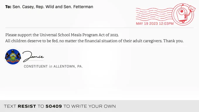 The letter subject is: empty and the body is: Please support the Universal School Meals Program Act of 2023. 
All children deserve to be fed, no matter the financial situation of their adult caregivers. Thank you.