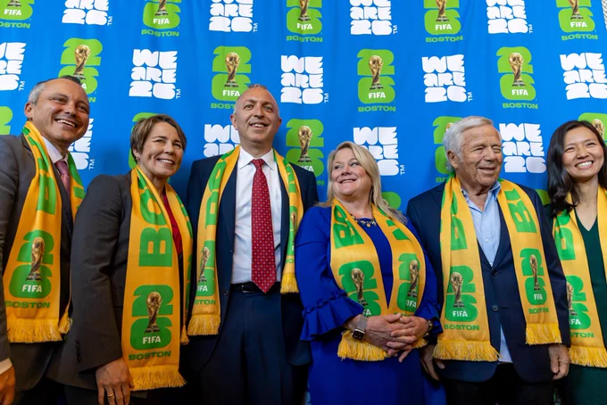 Governor Healey with government and sports leaders at FIFA World Cup brand launch.