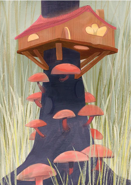 Illustration of treehouse with mushrooms by Isabel Amos.