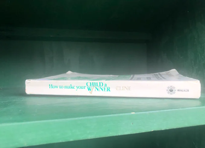 A battered white book on a green wooden shelf. The title of the book is "How to make your CHILD a WINNER." The "i" in winner is a checkmark. 