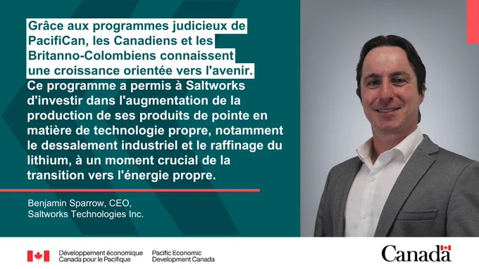 Photo de Benjamin Sparrow, directeur général de Saltworks Technologies Inc. Le texte se lit comme suit : Grâce aux programmes judicieux de PacifiCan, les Canadiens et les Britanno-Colombiens connaissent une croissance orientée vers l'avenir...
