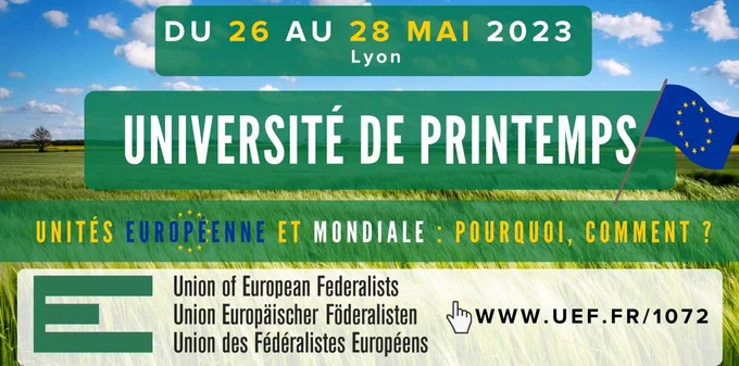 2e Université de printemps à #Lyon 26/28 mai : 2 conférences avec des membres de notre conseil scientifique : "Souveraineté 🇪🇺 et guerre en 🇺🇦" avec @AlexandreMelnik, Christine Bertrand, Sophie Heine, et "Quel Démos pour une 🇪🇺 fédérale ?" avec Céline Spector et Robert Belot.