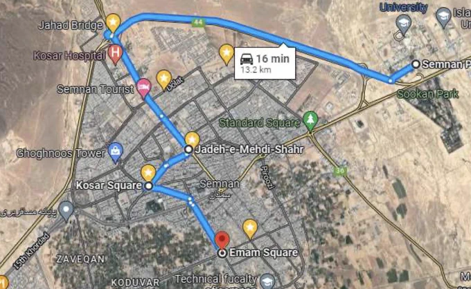 Figure 4: Map of Semnan city and the road conditions, and the route of data acquiring in Semnan city