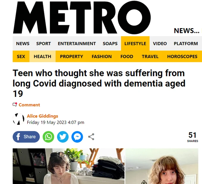A Metro headline that says "Teen who thought she was suffering from long Covid diagnosed with dementia aged 19"