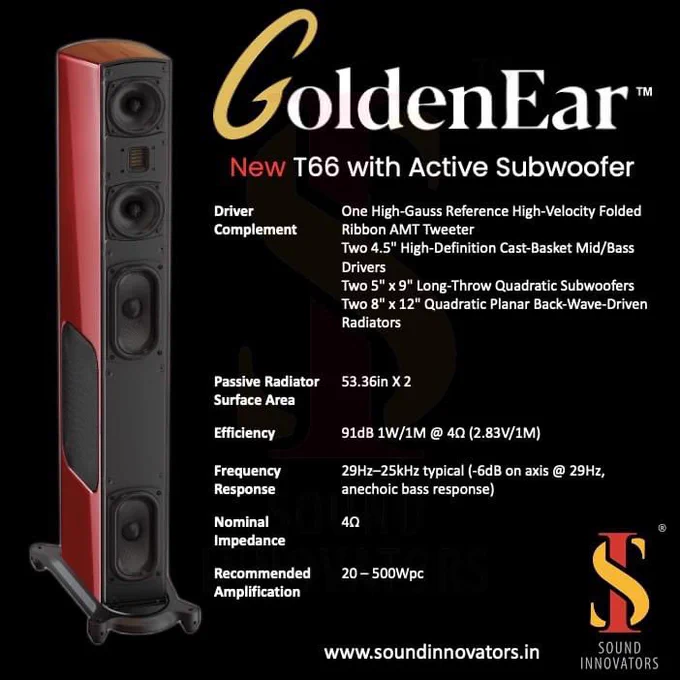 The New T66 is the first model in GoldenEar’s new T Series. While it boasts several significant refinements of our time-tested design concepts, the T66 is undeniably a GoldenEar loudspeaker, placing beautiful sound and music before all else.

It honors the critically acclaimed Triton Series, sharing a similarly tall, slender profile; built-in DSP-controlled subwoofer amplification; and a driver complement comprising GoldenEar’s High-Velocity Folded Ribbon AMT tweeter, cast-basket mid/bass units, quadratic planar radiators, and long-throw powered sub-bass section.

Several important cosmetic and sonic refinements distinguish the new T66 from previous GoldenEar speakers. These include a dramatically augmented crossover design, high-quality internal wiring, a new metal base and grille, and, in addition to GoldenEar’s high-gloss piano-black lacquer, a vibrant red cabinet finish.