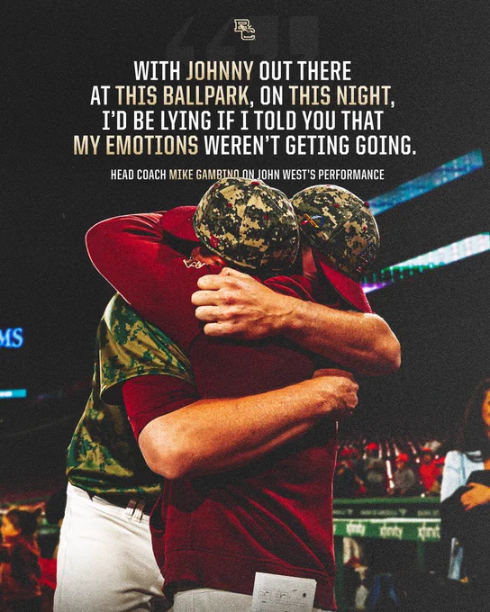 Quite graphic ft. pitcher John West and head coach Mike Gambino embracing below text of a quote from Gambino, “With Johnny out there at this ballpark, on this night, I'd be lying if I told you that my emotions were not getting going.”