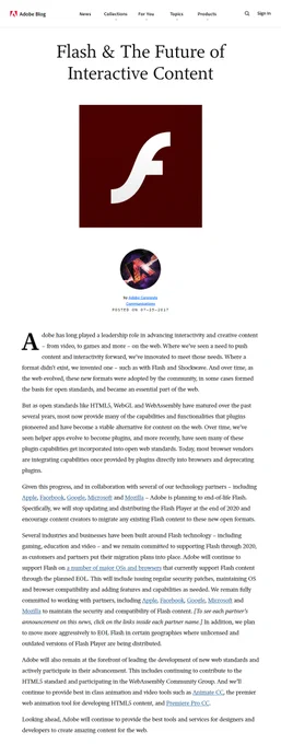 Adobe Systems announced that it would cease support for Flash in 2020