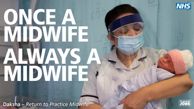 Image of Midwife holding a baby and the text:
ONCE A MIDWIFE
ALWAYS A MIDWIFE
