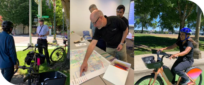 Three photos from the 2022 faculty workshop. Left: Instructor Peter Koonce talks to students during a stop on a field tour. He wears a bike helmet and stands next to his bicycle. Center: Instructor Chris Monsere points at a map on a table in the classroom, as students look on. Right: A workshop participant rides a bike in a green-painted bike lane, smiling. She wears a blue bicycle helmet and black pants & shirt.