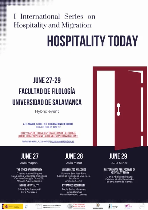 Poster for the I International Series on Hospitality and Migration. There is a red door to the right, and on the left you can see the information for the event. It says "June 27-29, Facultad de filología, Universidad de Salamanca" Right below that you can see the link to the event.