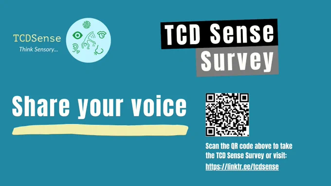 Blue background with white text underneath that reads ' Share your voice' with a yellow line under the text. There a a TCD Sense logo top left above the text. There is white text that reads 'TCD Sense Survey'. There is a QR code for TCD Sense linktree and test underneath that reads ' Scan the QR code to take the TCD Sense Survey or visit linktr.ee/tcdsense.
