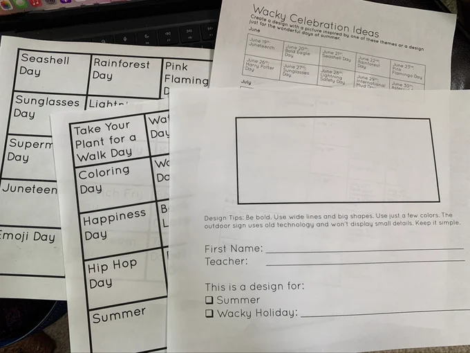 Calendar of wacky holidays with a design template for drawing a picture for the school sign.