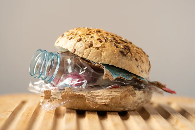 Burger bun with a plastic bottle and cardboard inside it.