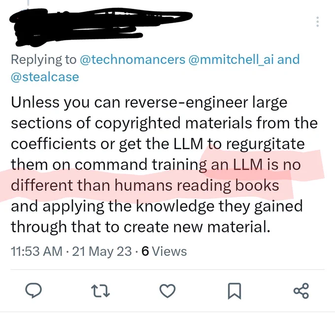 Screenshot of tweet with "an LLM is no different than humans reading books" highlighted.