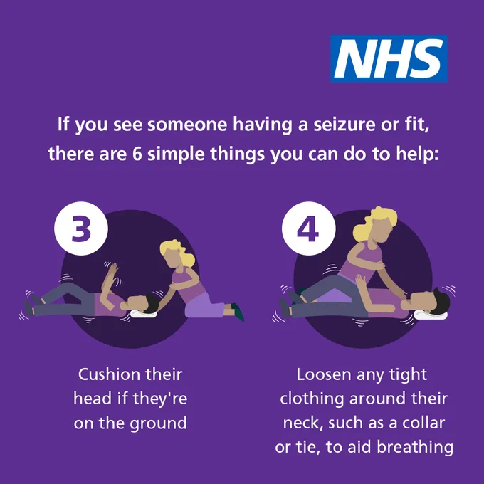 The text reads "3) Cushion their head if they're on the ground; 4) Loosen any tight clothing around their neck, such as a collar or tie, to aid breathing."

The NHS logo is in the top right hand corner.